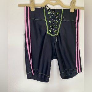 HotLava Lace Up Bike Shorts, Hot Pink & Green Sexy Cosmo&Wanda Vibes, Size Med.